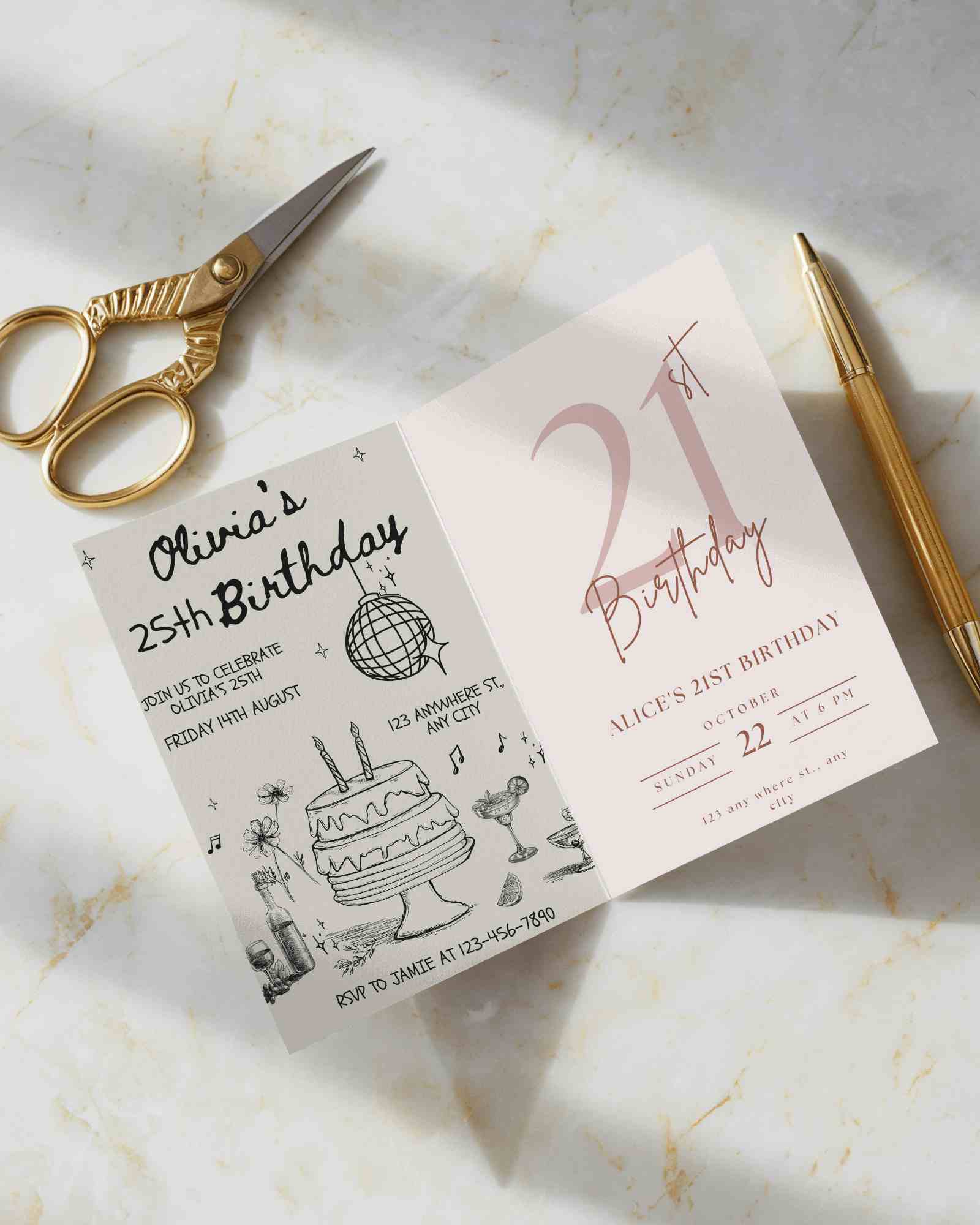 Open Greeting Card Mockup On Marble Surface With Golden Scissors And Pen Bright Natural Light Stationery Scene
