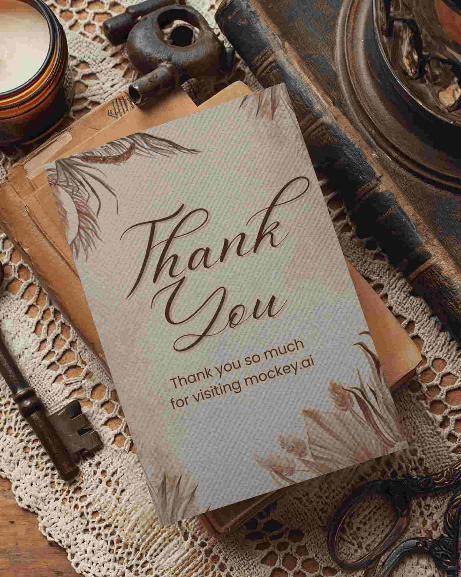 Vintage Flatlay Greeting Card Mockup On Lace And Antique Books With Keys And Scissors Rustic Nostalgic Aesthetic