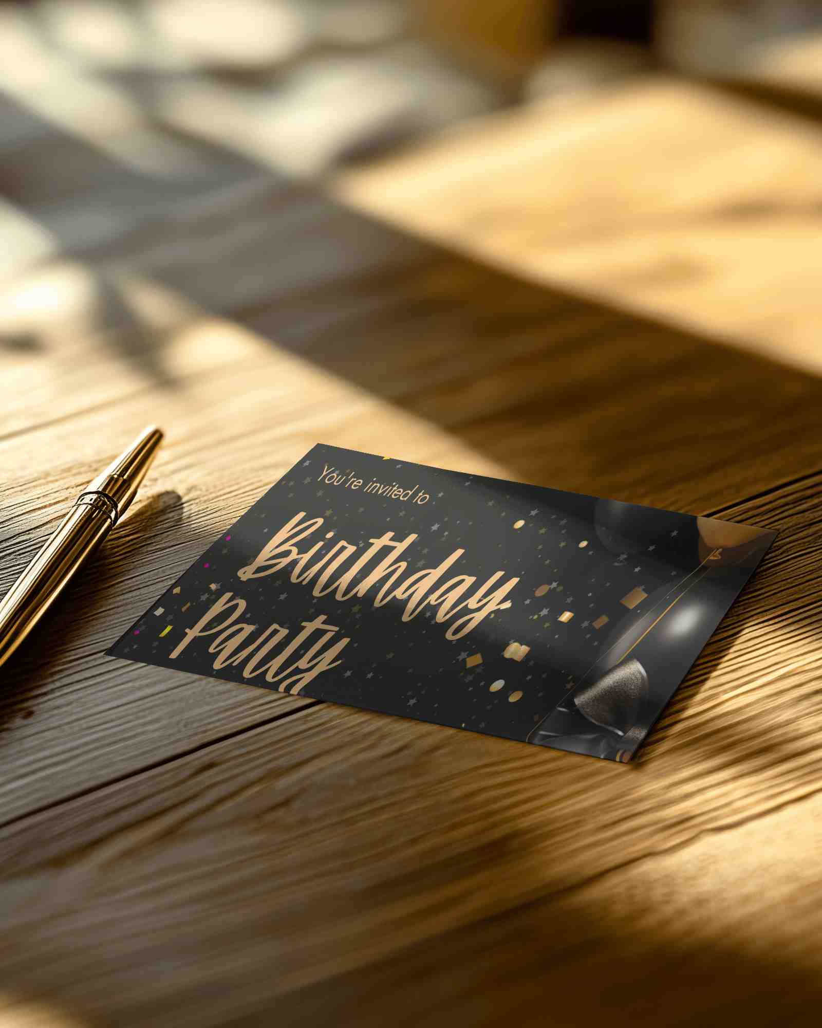 Sunlit Greeting Card Mockup On Wooden Table With Pen Warm Shadow Aesthetic