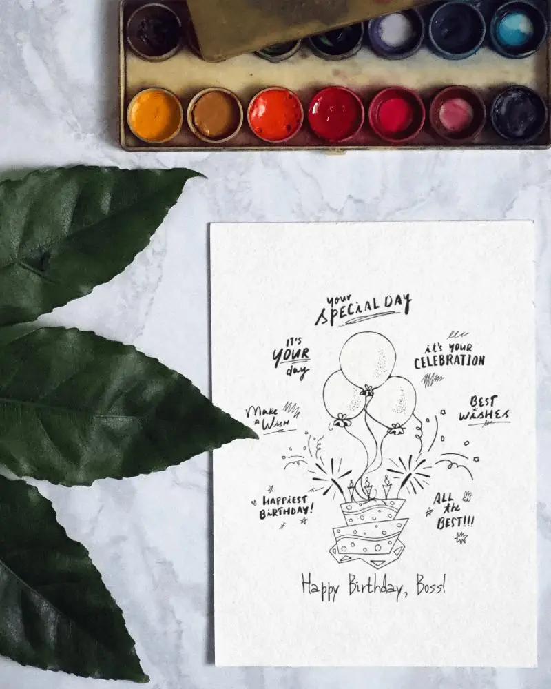 Flatlay Greeting Card With Leaf And Colors On Table 18