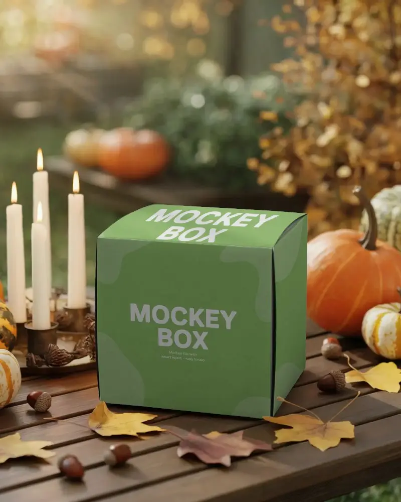 Minimalist Halloween Box Mockup On Wooden Table With Autumn Leaves And Candles Display