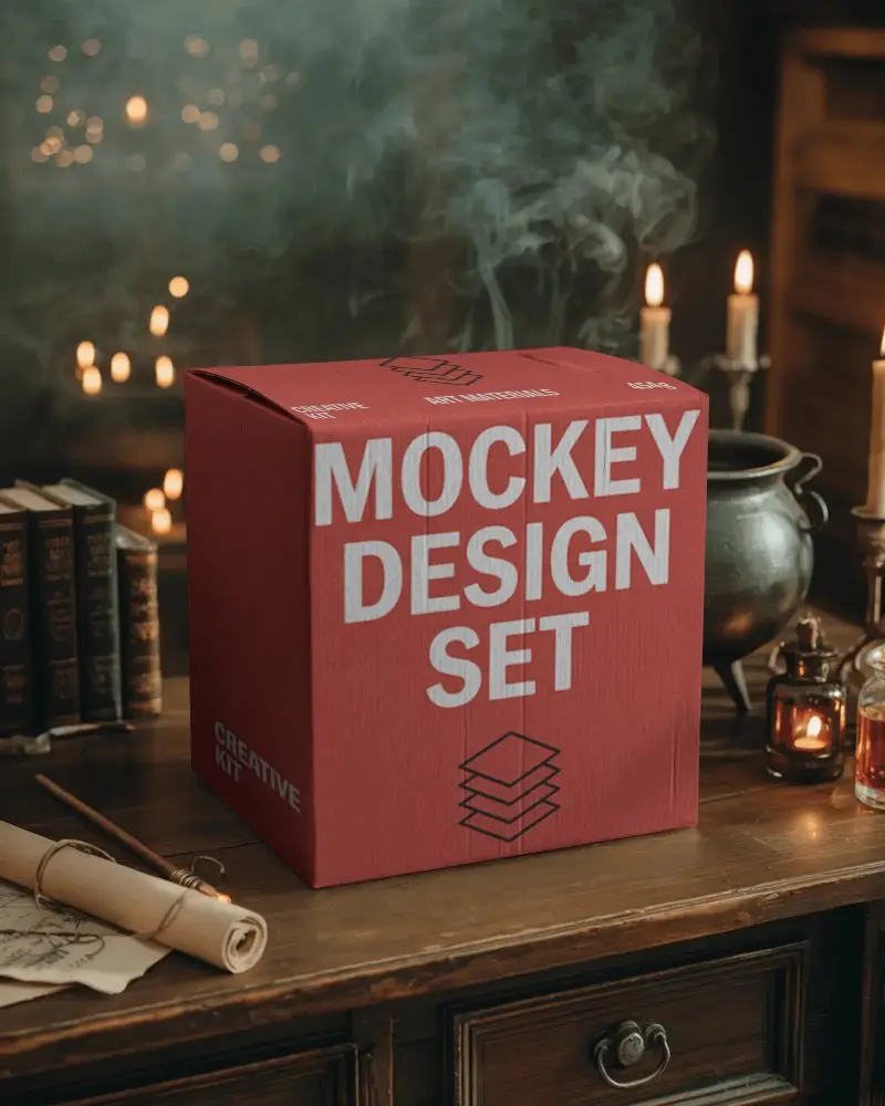 Mysterious Halloween Mockup Box Surrounded By Antique Books Candles And Magic Items