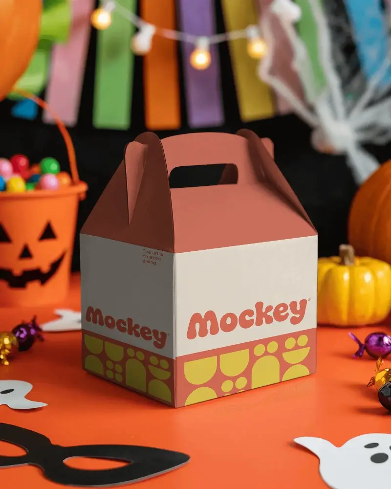 Spooky Halloween Party Gift Box Mockup Surrounded By Festive Decorations And Candy