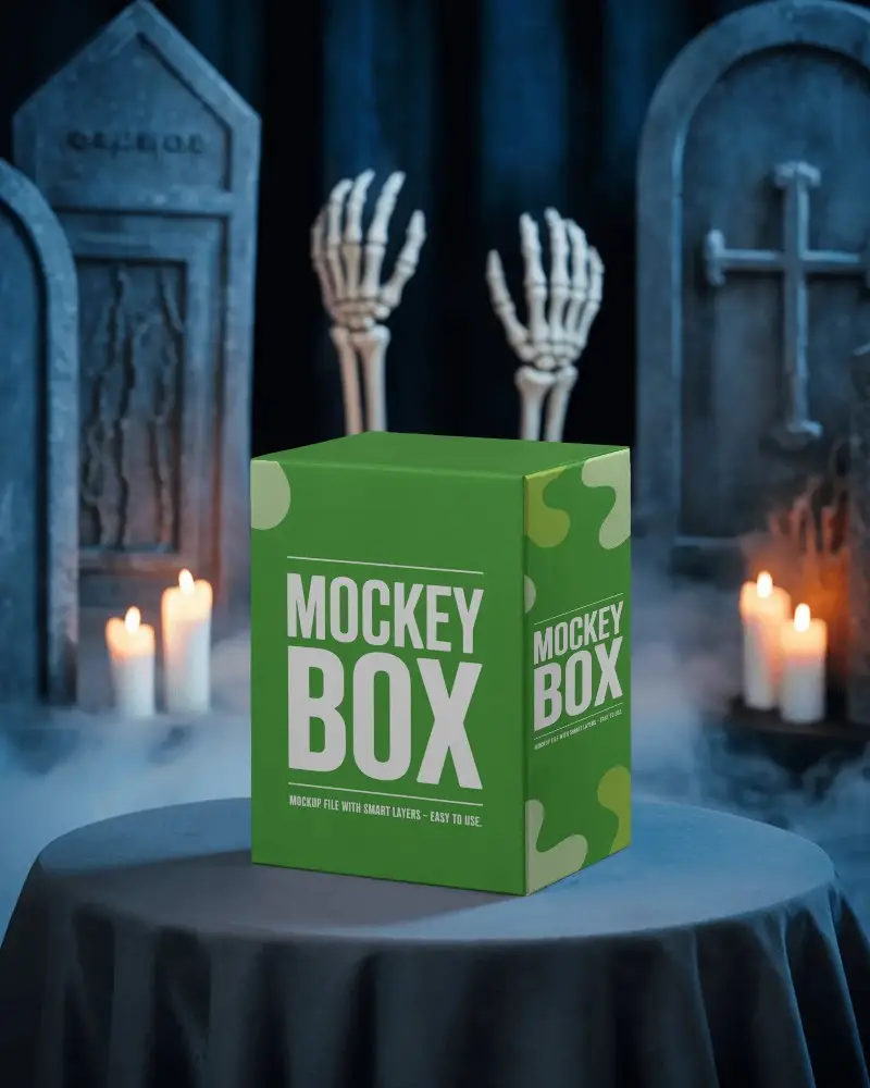 Spooky Halloween Box Mockup With Graveyard Background And Skeleton Hands Rising From Ground