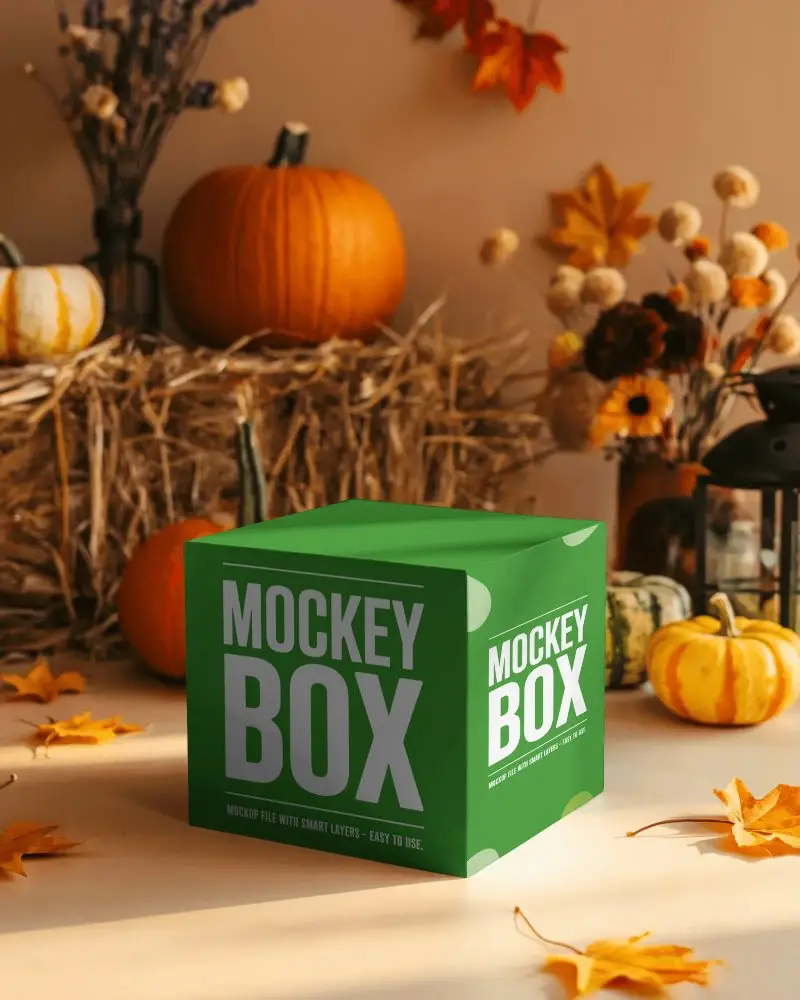 Spooky Halloween Box Mockup On Harvest Decoration With Pumpkins And Fall Leaves
