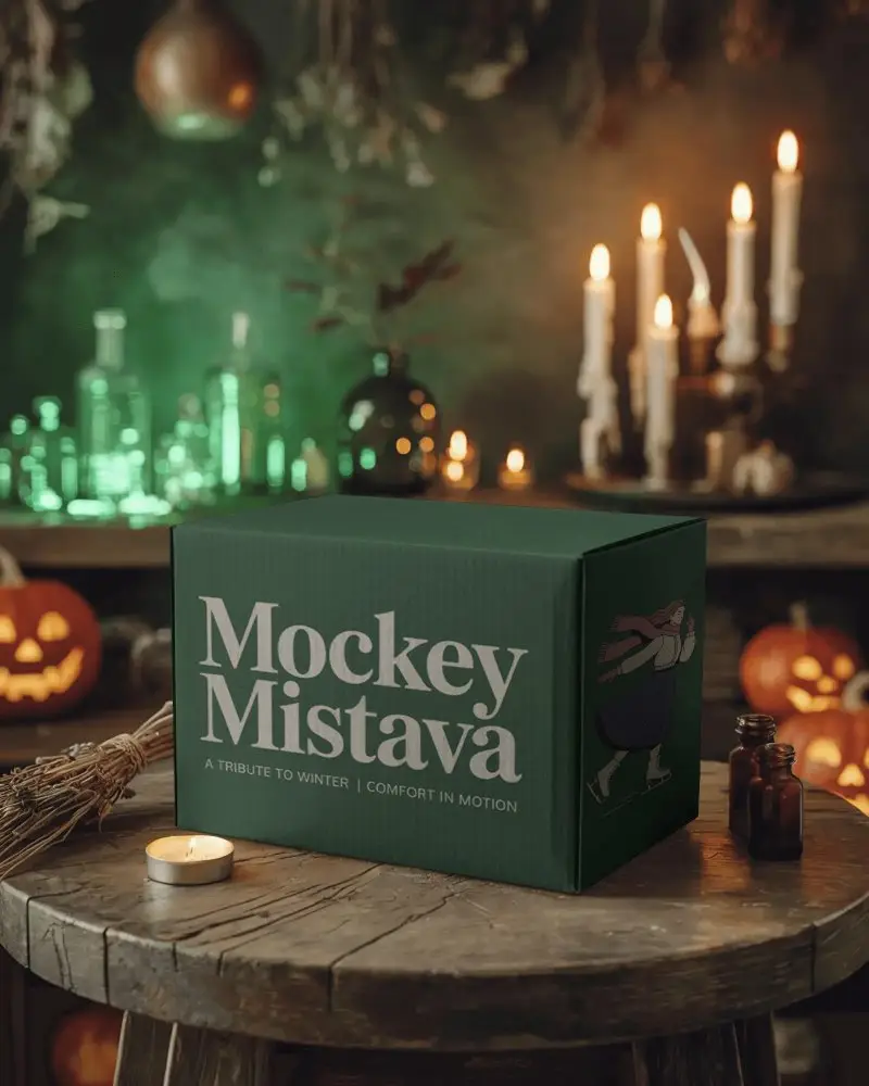 Spooky Halloween Box Mockup On Wooden Table With Glowing Jackolanterns And Candles