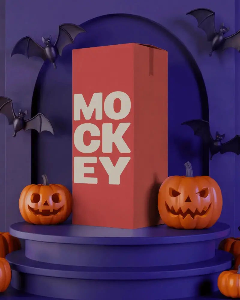 Spooky Halloween Box Mockup With Pumpkins And Bats Perfect For Seasonal Presentations