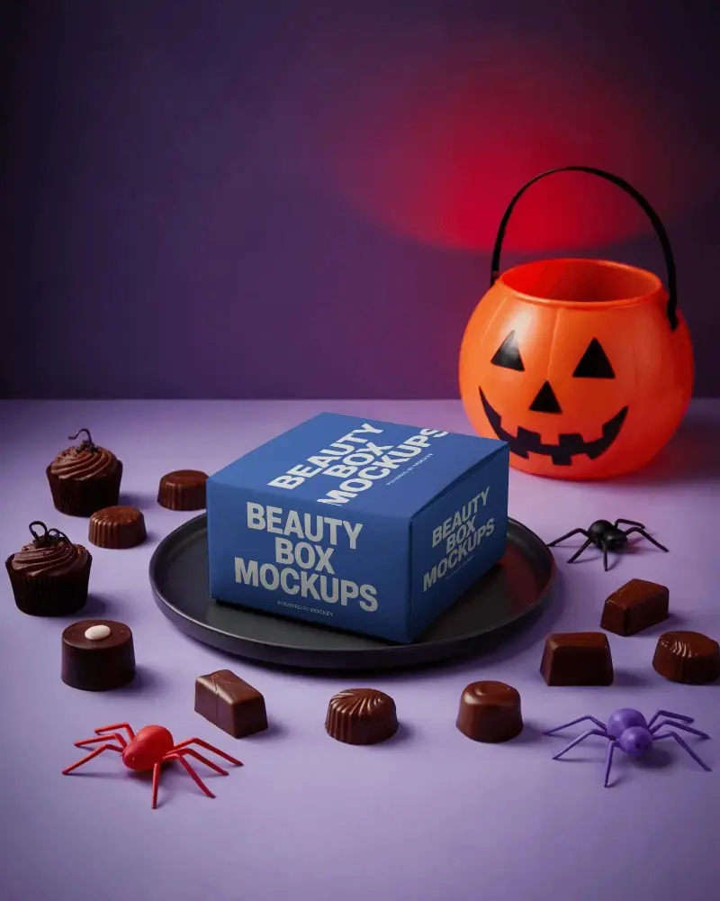 Halloween Candy Spread With Mockup Box And Jack O Lantern Bucket On Purple Background