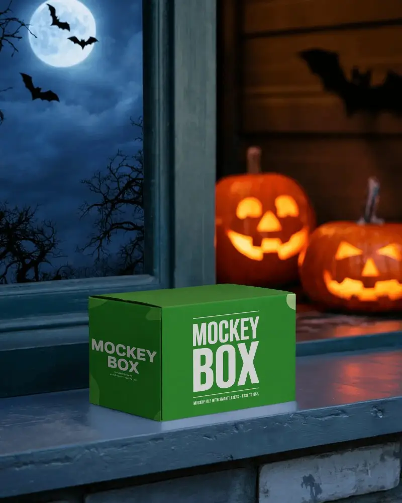 Spooky Halloween Box Mockup Night Full Moon Bats Jack O Lanterns Package On Window Ledge