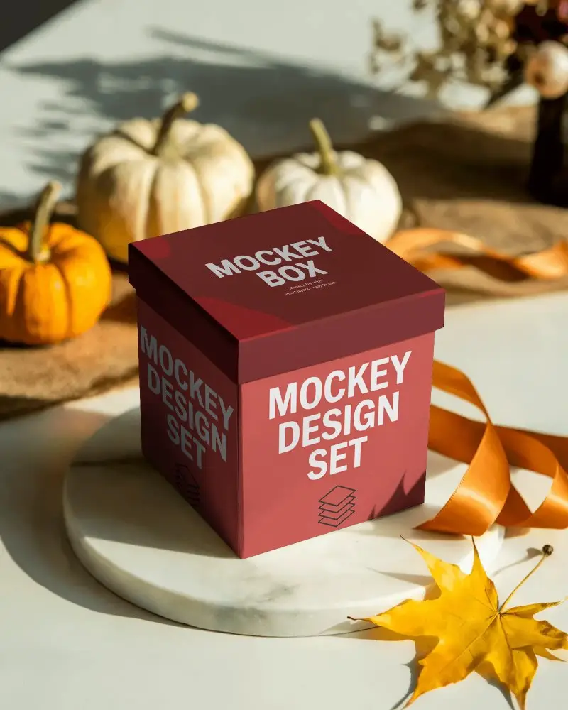 Minimalist Halloween Gift Box Mockup With Pumpkin And Fall Leaf Decor Perfect For Seasonal Branding