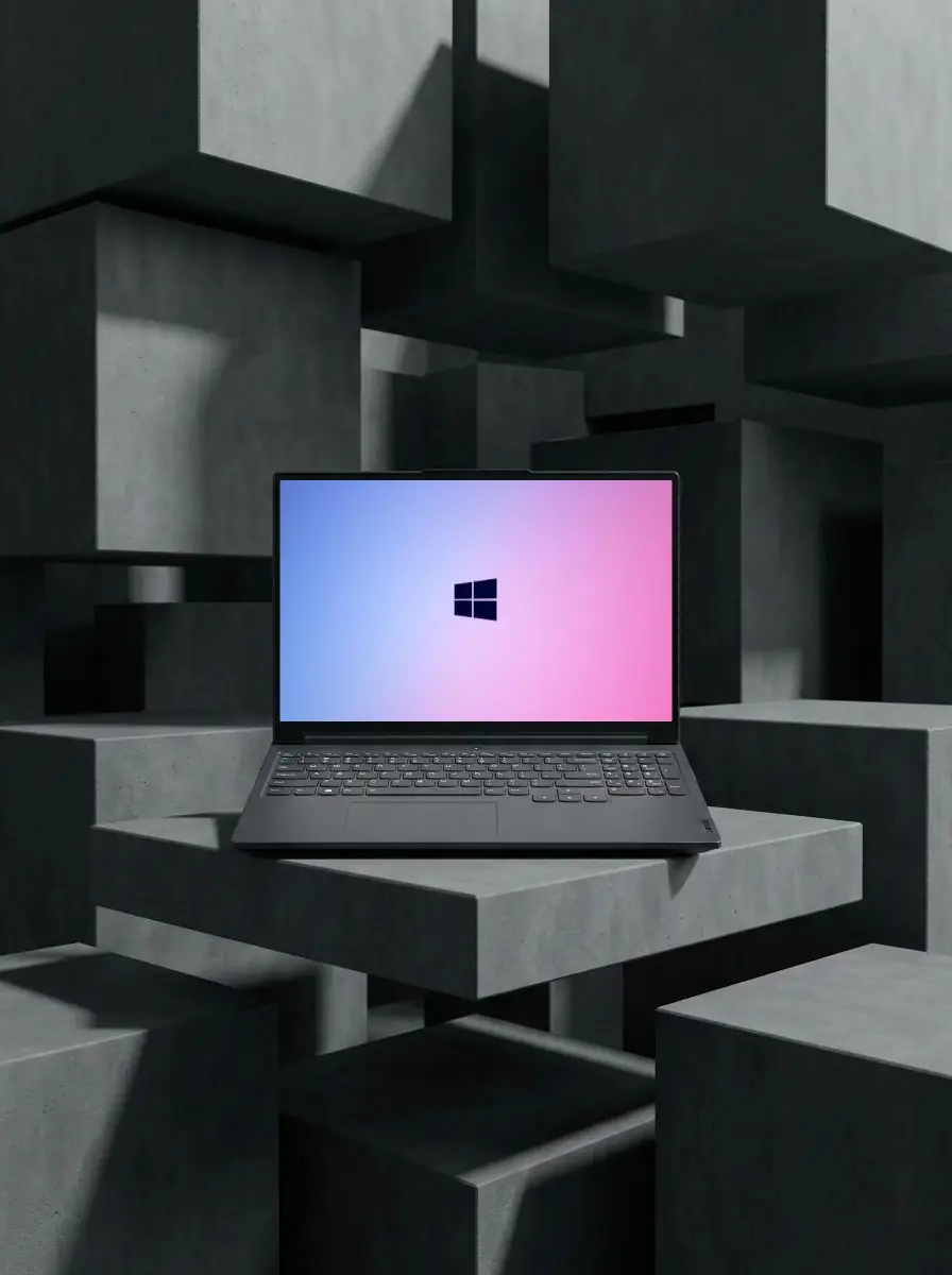 Sleek Portable Laptop Mockup With Blank Screen On Contemporary Minimalist Cube Structure Scene
