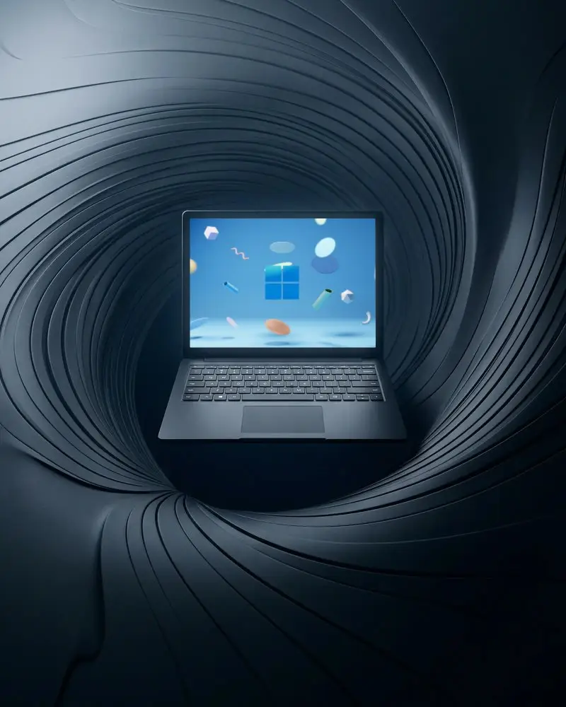 Floating Laptop Mockup With Black Screen Surrounded By Abstract Spiral Forms Background