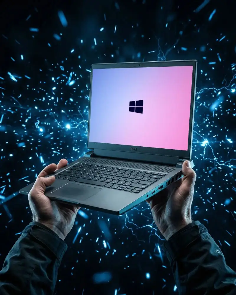 Futuristic Laptop Mockup In Hand Showcasing Innovative Tech For Web Design Projects