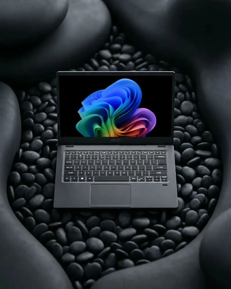 Sleek Laptop Mockup Technology Device Isolated On Smooth Natural Rock Background Design