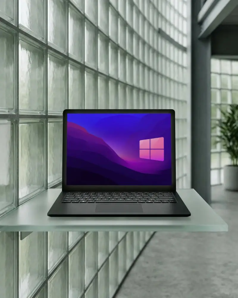Modern Minimalistic Laptop Mockup On Transparent Glass Table In Contemporary Office Space