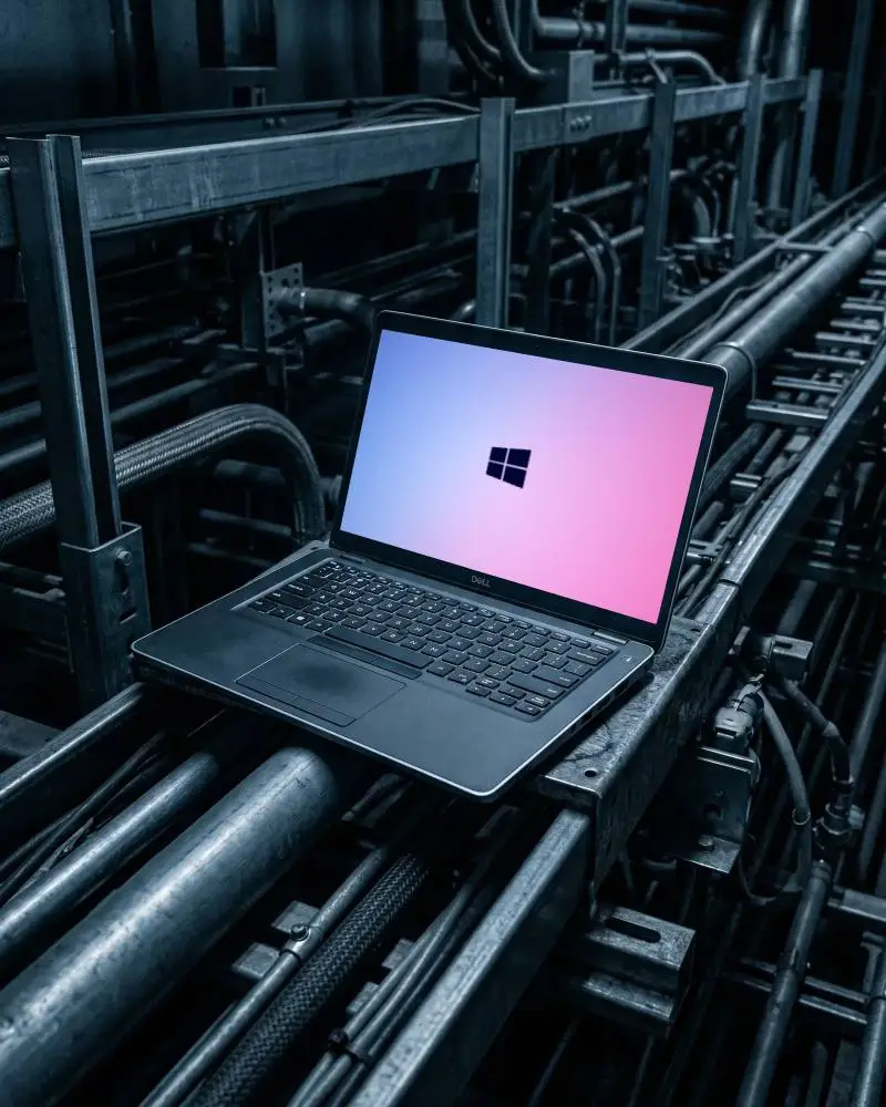 Professional Laptop Mockup In Urban Industrial Setting For Digital Marketing Use