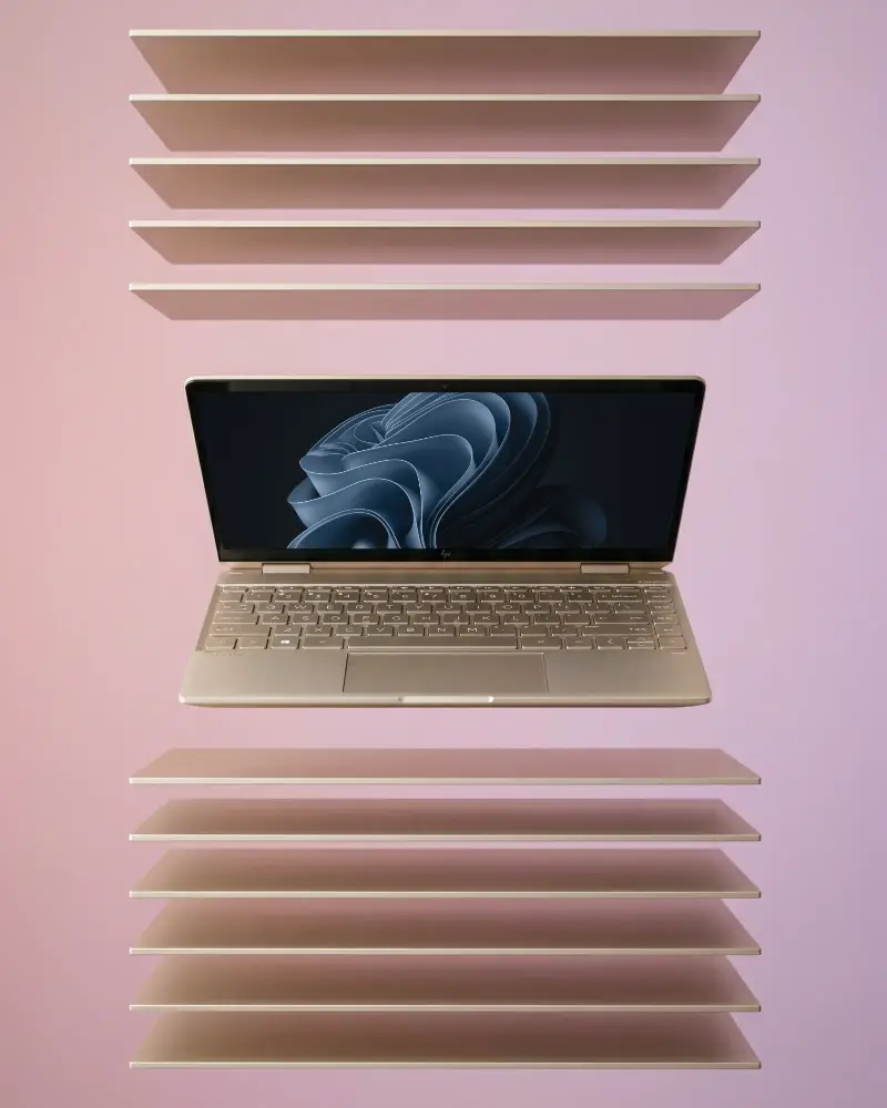 Microsoft Laptop Mockup Floating Among Scrolls With Black Screen For Digital Showcase