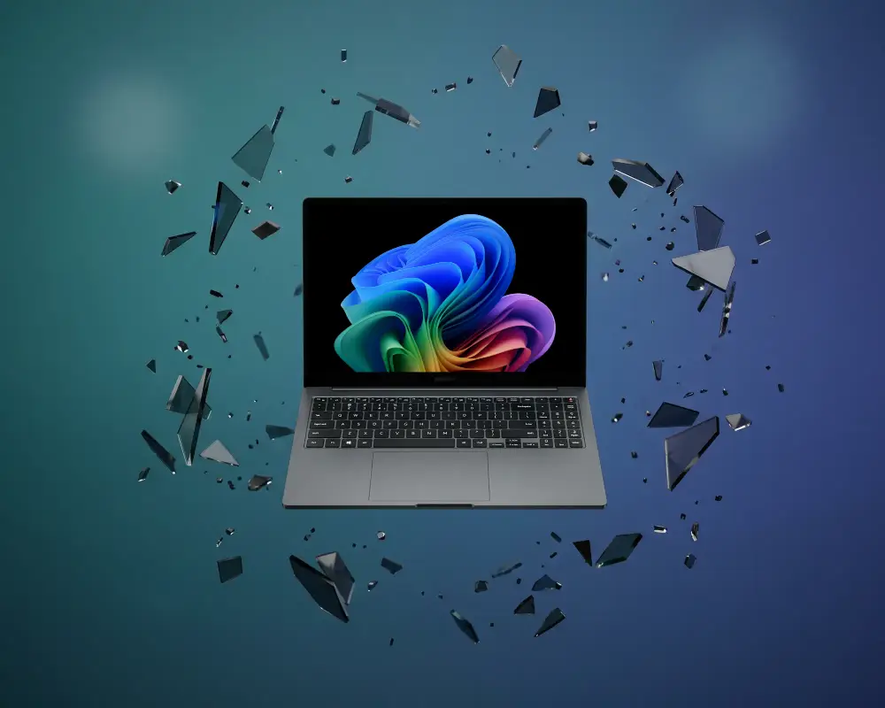 Samsung Laptop Mockup Floating With Shattered Glass Elements On Gradient Background