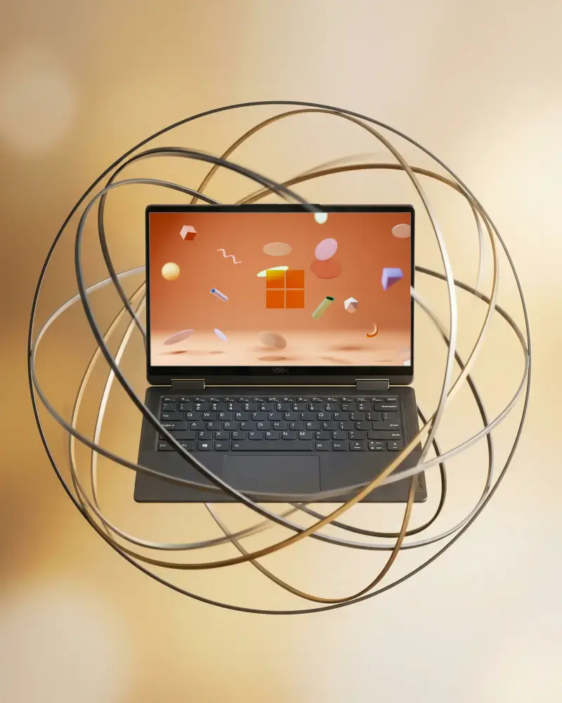 Yoga Laptop Mockup Wired Orbits Floating Display Digital Technology Presentation Frame