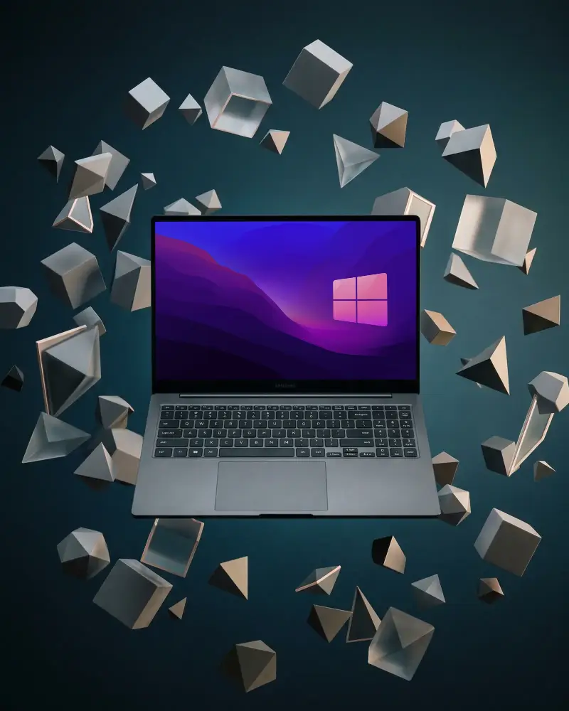 Samsung Laptop Mockup With Floating Geometric Shapes For Creative Technology Presentations