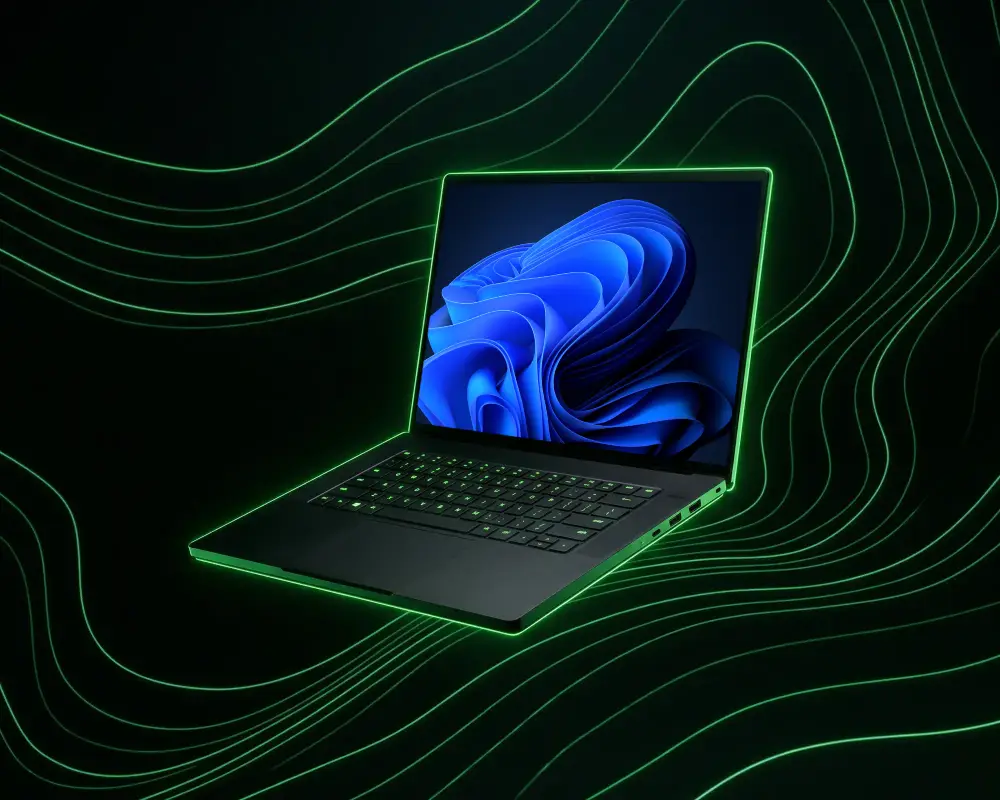 Razer Laptop Mockup With Glowing Edges And Wave Pattern Background For Tech Presentation