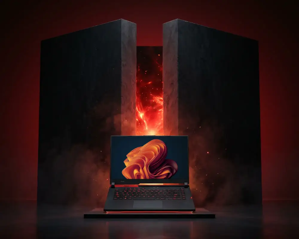 High Performance Gaming Razer Laptop Mockup Dramatic Fiery Background For Intense Immersive Play