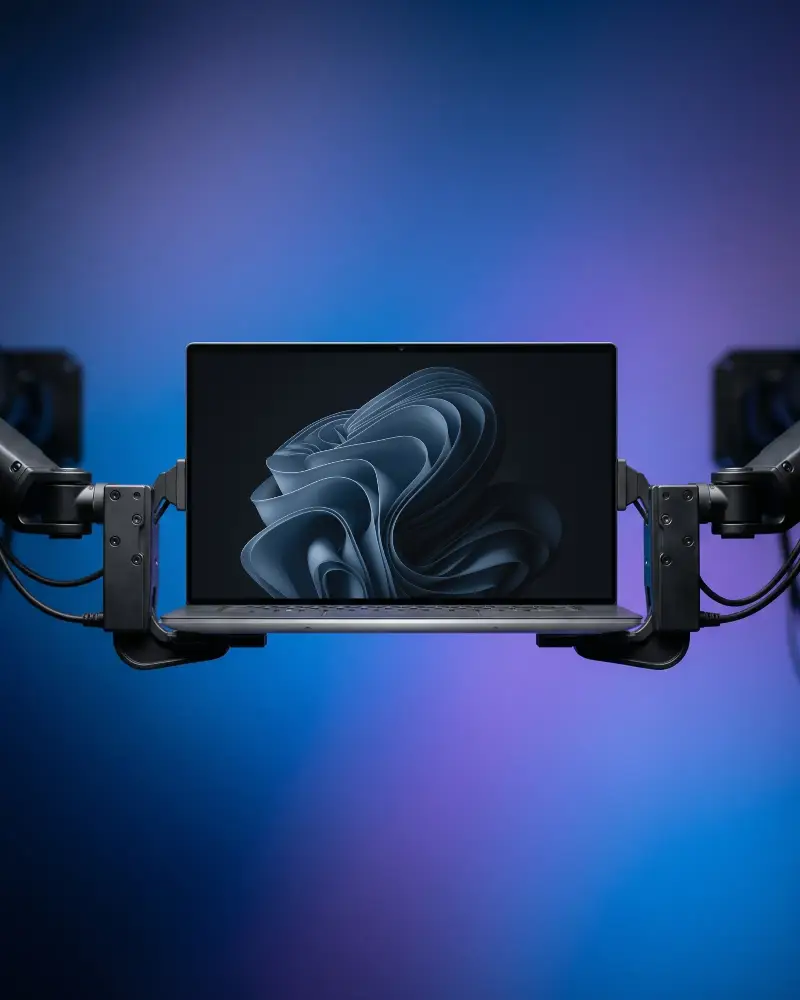 Microsoft Laptop Mockup Held By Robotic Arms Against Gradient Background For Tech Design