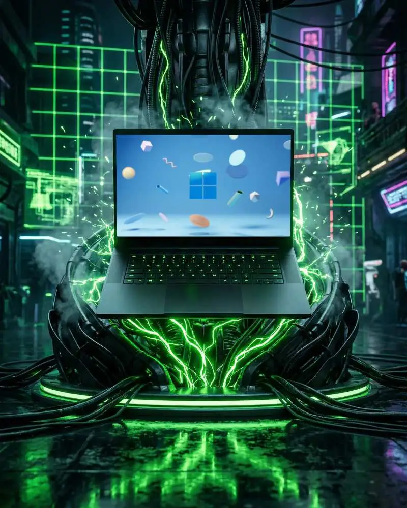 Futuristic Cyberpunk Razer Laptop Mockup With Technology Visuals And Electric Effects