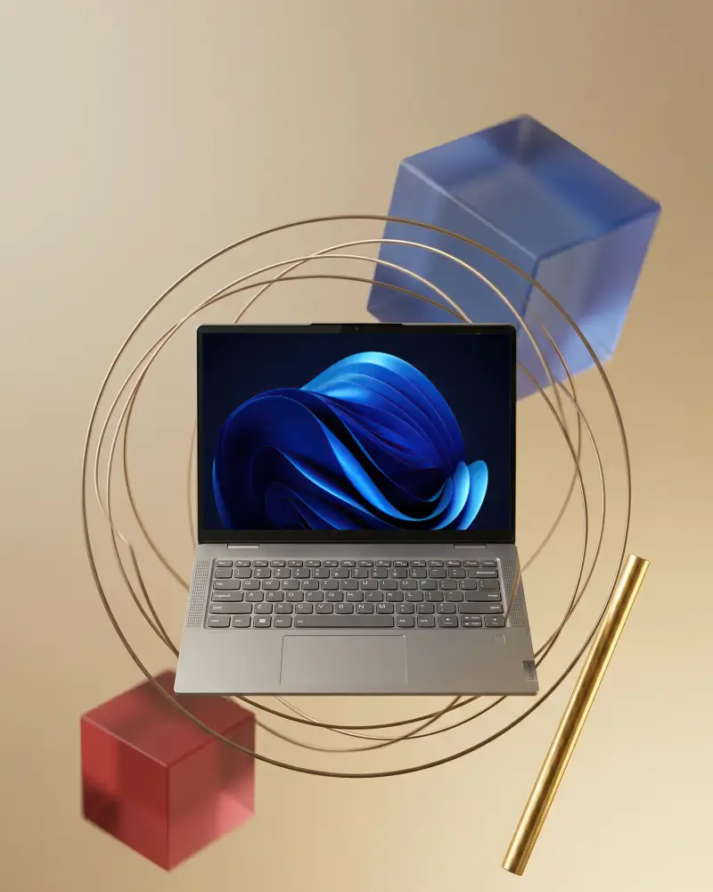 Sleek Lenove Laptop Mockup With Floating Geometric Elements For Technology Showcase