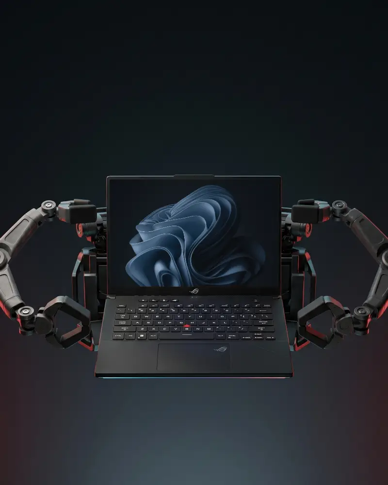 Futuristic Robotic Arms Holding Modern Asus Laptop Mockup Advanced Technology And Gaming Solutions