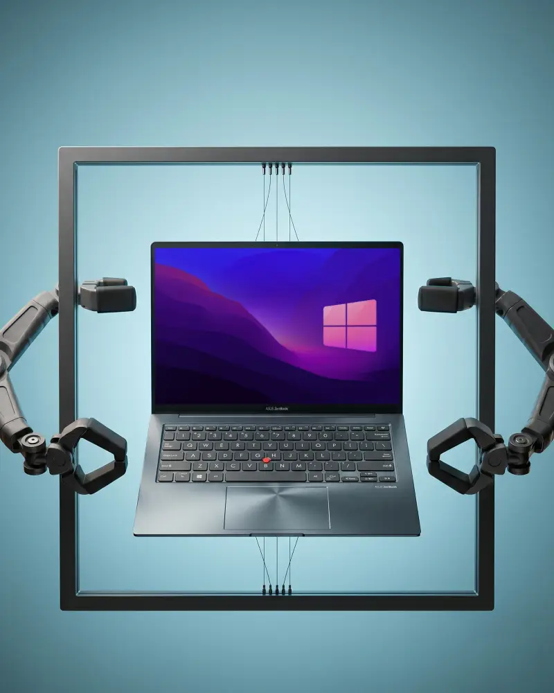 Advanced Robotic Arms Holding Asus Laptop Mockup Electronics Technology Concept