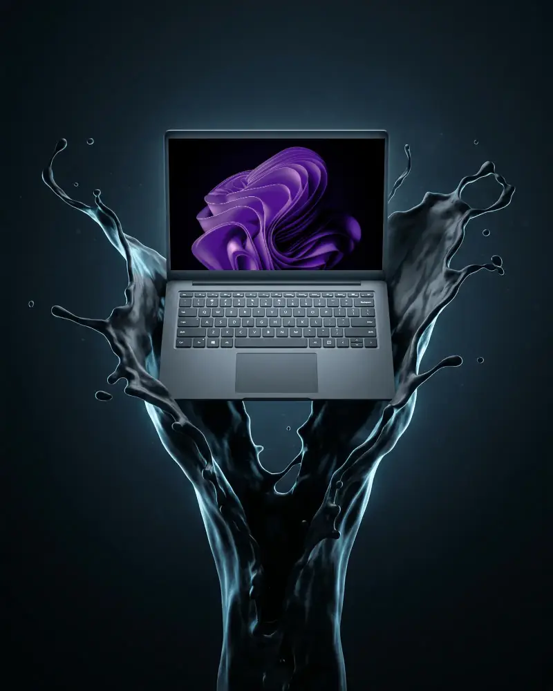 Sleek Modern Microsoft Laptop Mockup With Water Splash Background For Tech Advertising Purposes