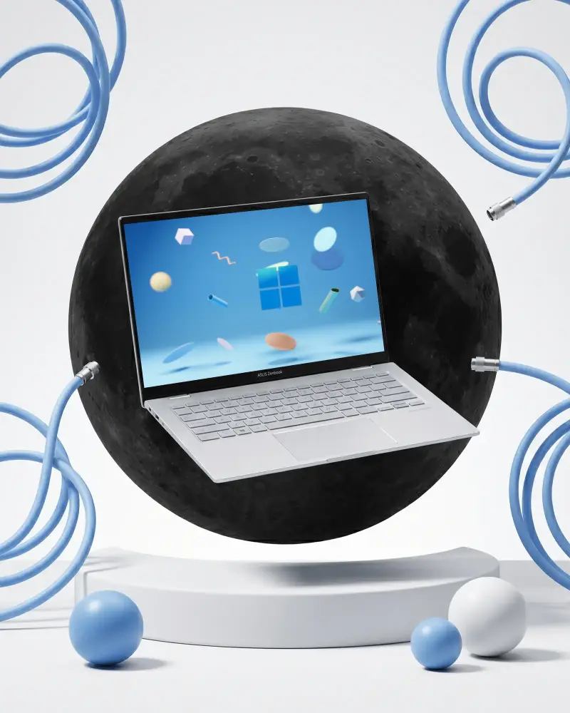 Asus Laptop Mockup Floating In Creative Space With Abstract Elements For Tech Presentation