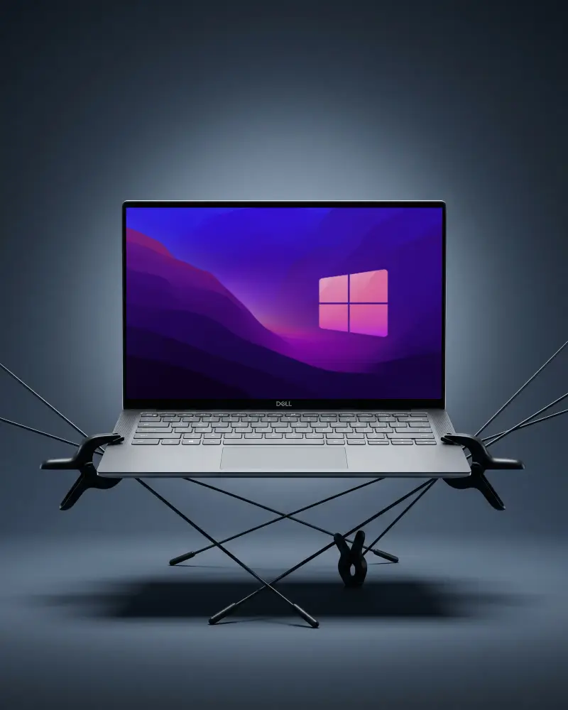 Professional Dell Laptop Mockup Floating Using Clamps And Rods Stand On Dark Gradient Background