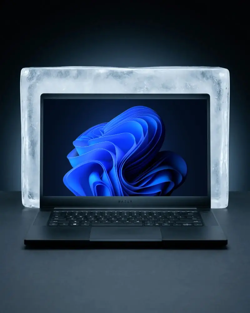 Razer Laptop Mockup With Ice Block Background For Cool Technology Showcase Design