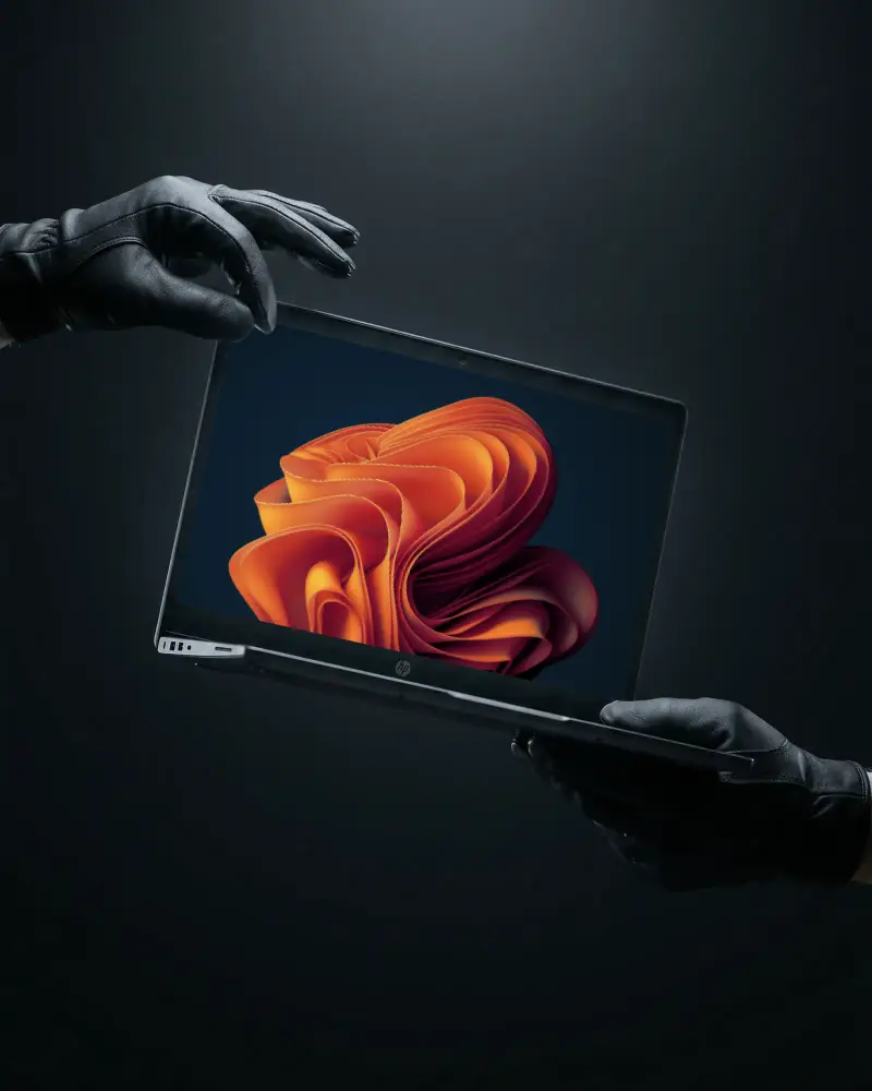 High Quality Hp Laptop Mockup With Black Gloves On Minimalistic Dark Studio Backdrop