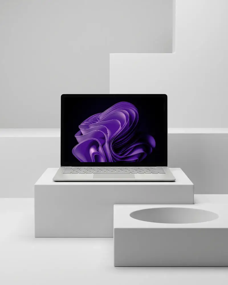 Clean Technology Microsoft Laptop Mockup Placed On White Steps And Block For Presentation