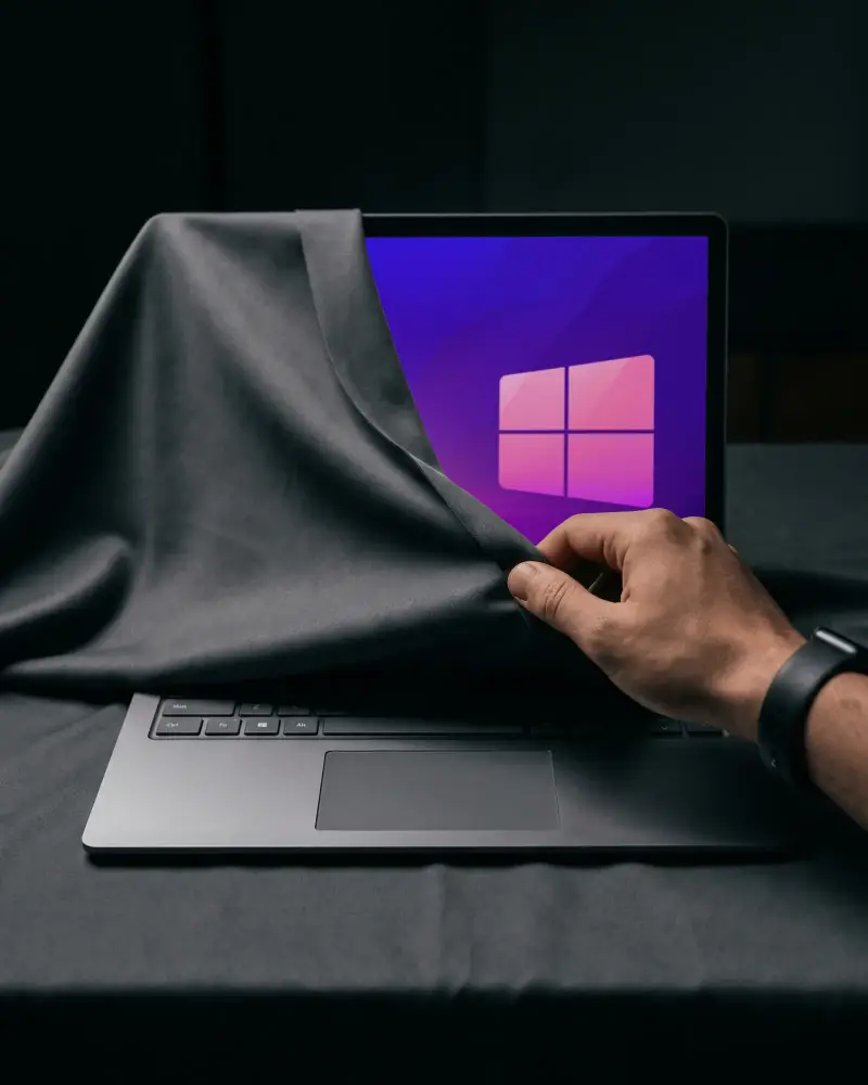 Revealing Microsoft Laptop Mockup Screen Hand With Draped Fabric For Creative Design Display