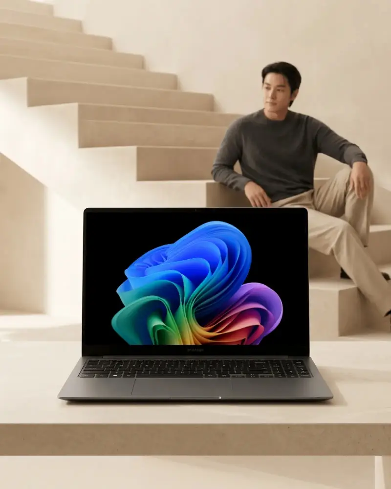 Modern Microsoft Laptop Mockup With Black Screen Display On Minimalist Table Interior Background