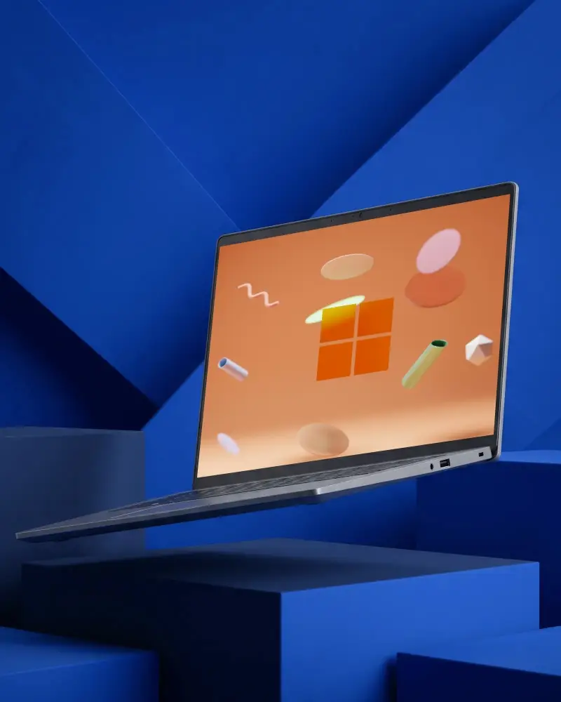 Sleek Modern Lenovo Laptop Mockup Floating Above Geometric Background Clean Tech Design