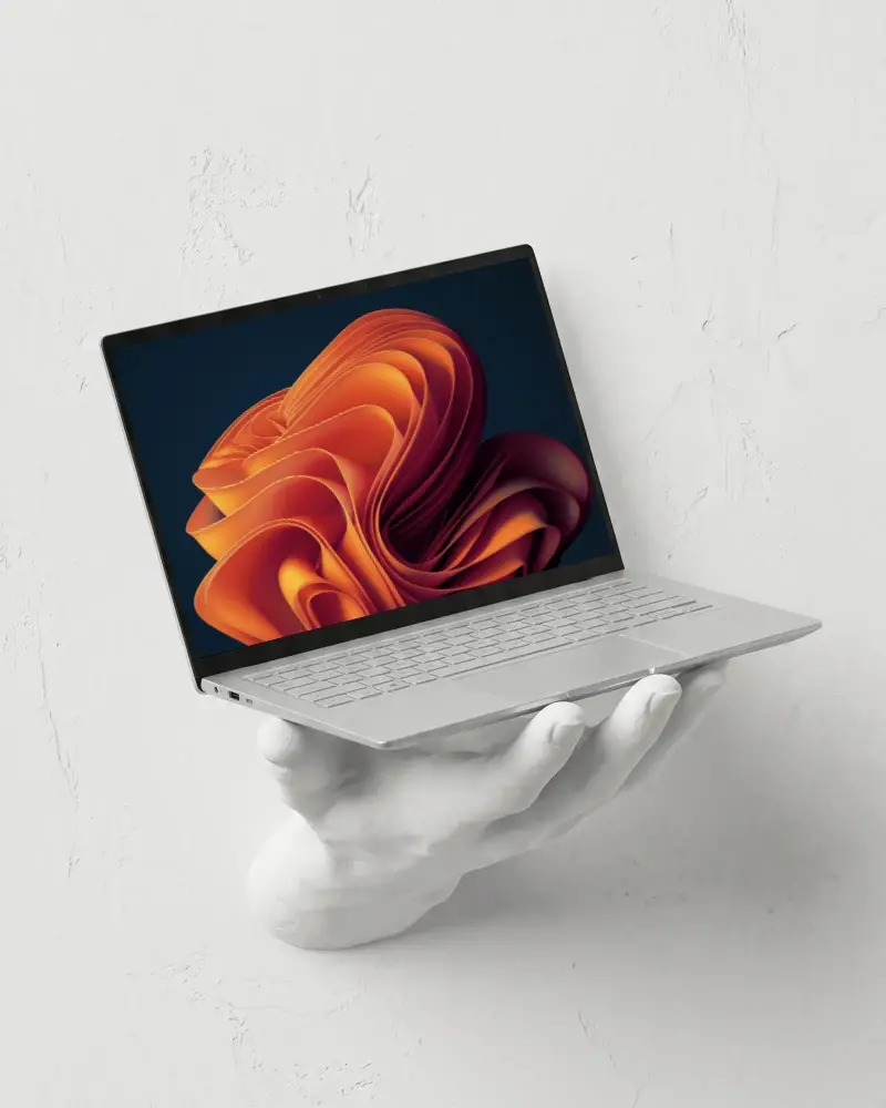 Modern Asus Laptop Mockup Floating On Sculpture Hand Minimalist Presentation Flat Design