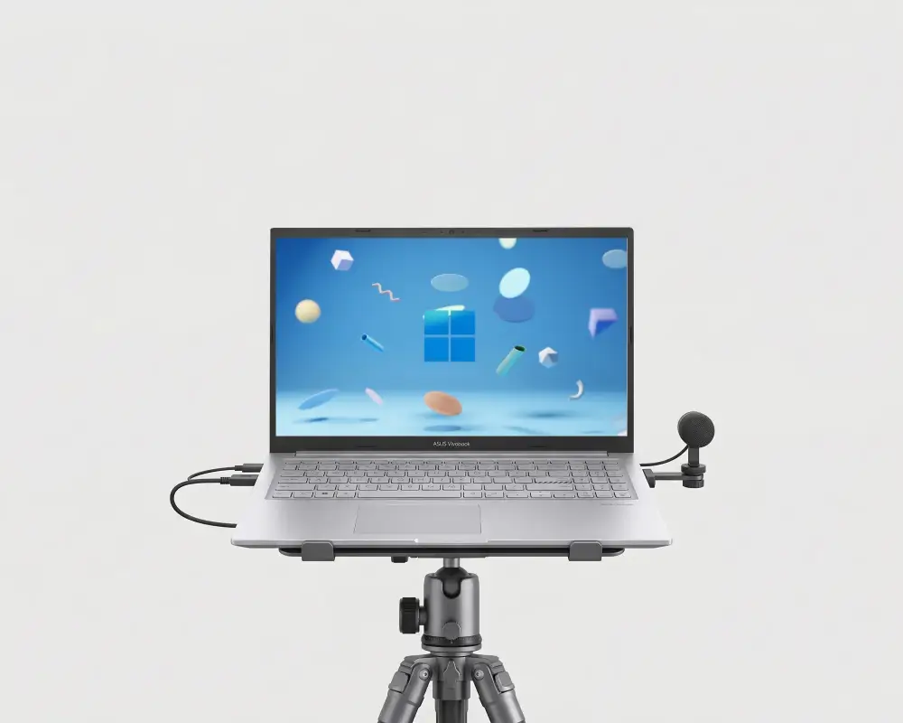 Portable Asus Laptop With External Microphone On Tripod Stand For Professional Recording