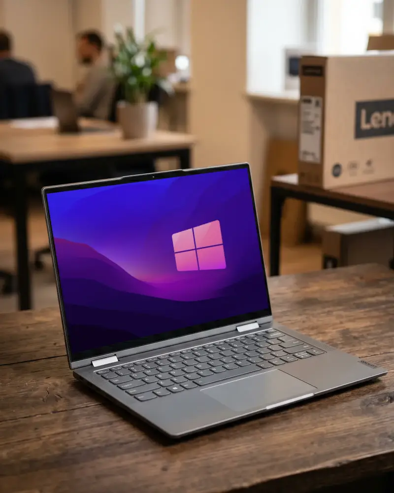 Sleek Modern Business Lenovo Laptop Mockup On Rustic Wooden Table With Urban Office Background