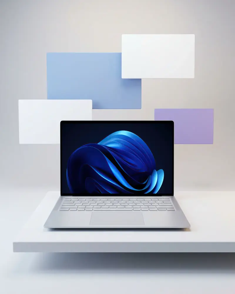 Modern Dell Aptop Mockup With Floating Colorful Banners Clean Minimalist Digital Display
