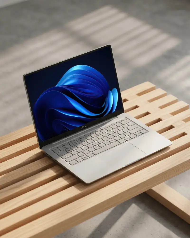 Modern Dell Laptop Mockup On Minimalistic Wooden Bench For Creative Website Presentations