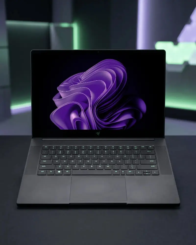 Sleek Gaming Razer Laptop Mockup With Backlit Keyboard And Large Touchpad For Modern Tech Users
