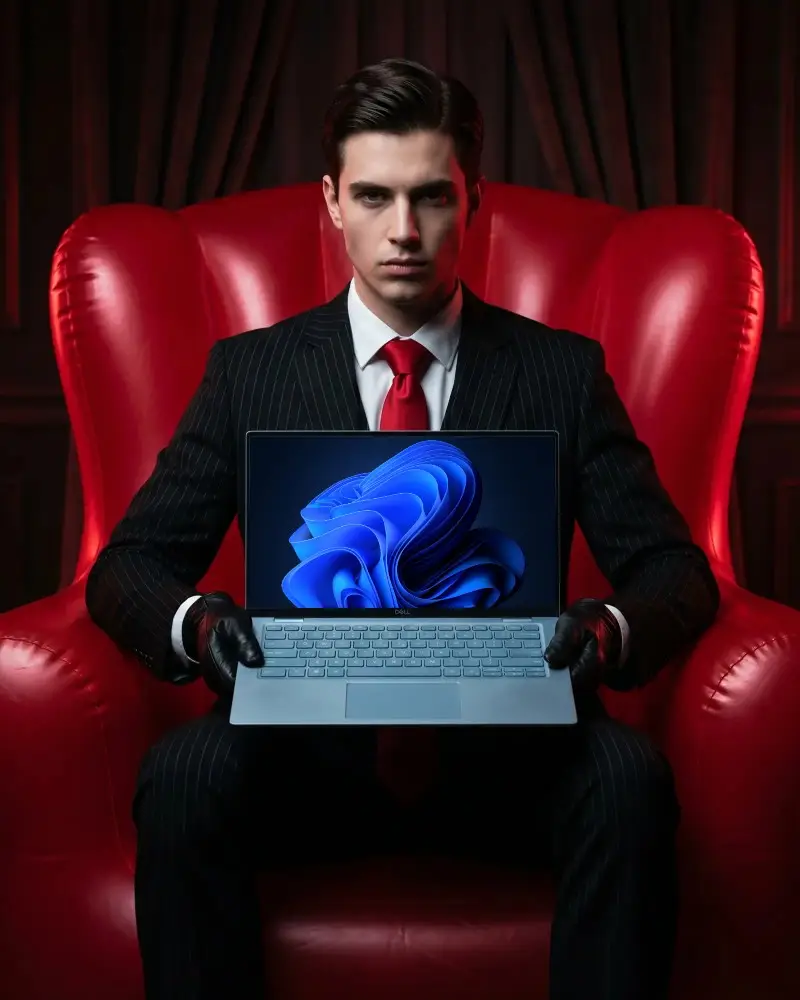 Professional Businessman Showing Dell Laptop Mockup Sitting On Modern Luxury Chair Background
