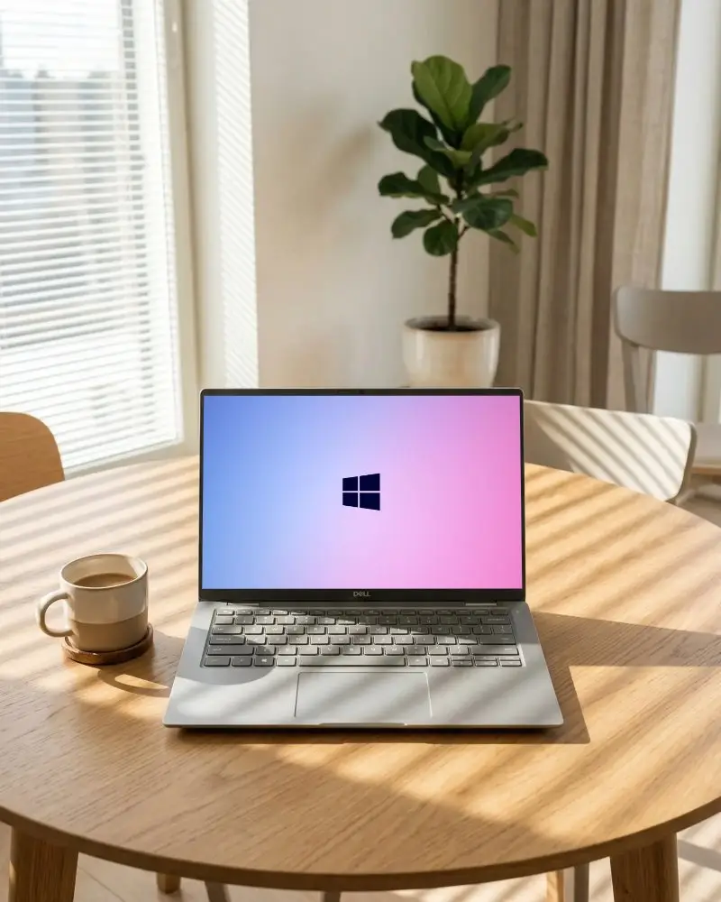 Modern Dell Laptop Mockup On Wooden Table With Cozy Lighting And Minimalistic Room Setting