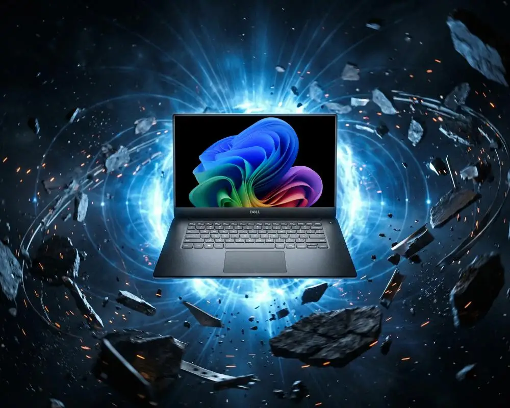 Futuristic Dell Laptop Mockup With Exploding Asteroid Background For Technology Presentations
