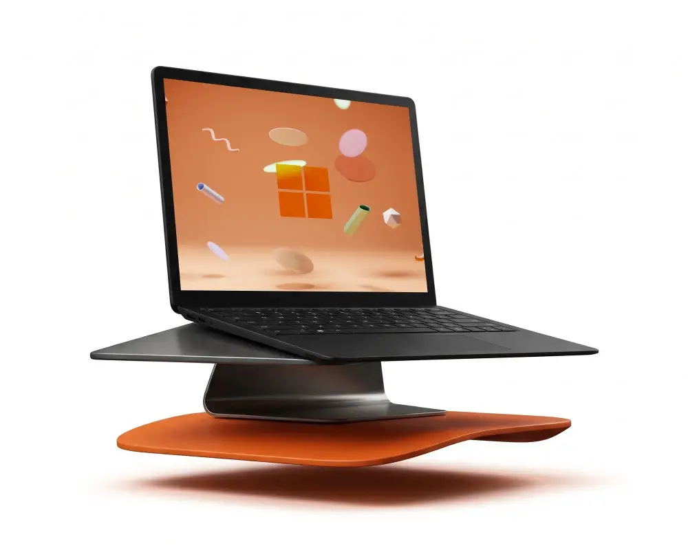 Sleek Lenovo Laptop Mockup Floating Above Modern Ergonomic Stand For Digital Workstation